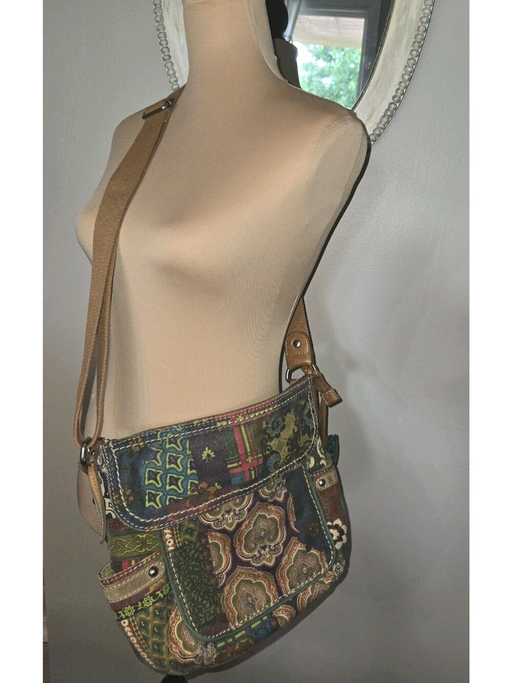 Vtg Fossil Patchwork Print Canvas Tapestry Crossbody Shoulder Bag Purse Boho